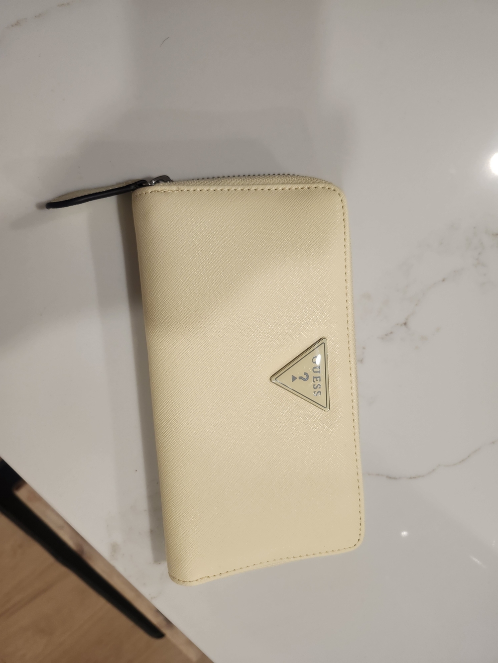 Guess Saffiano Zip-Around Wallet in Cream/Yellow